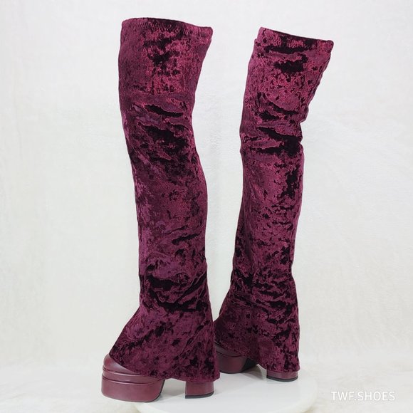 Mata Shoes Shoes - Good Will Unique Thigh High Wine Red Velvet Fold over Chunky Heel Platform Boots